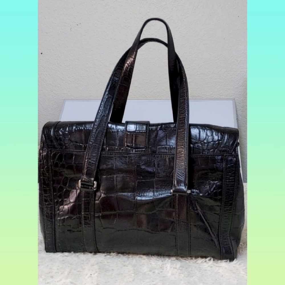 ✨✨ANN TAYLOR BLACK EMBOSSED CROC LEATHER TOTE BAG - Picture 2 of 8